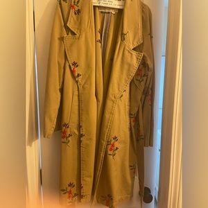 Anthropologie embroidered floral trench coat with sash